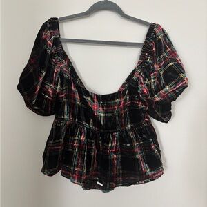 Francesca’s NWT Women’s Black Velvet Plaid Peplum Top